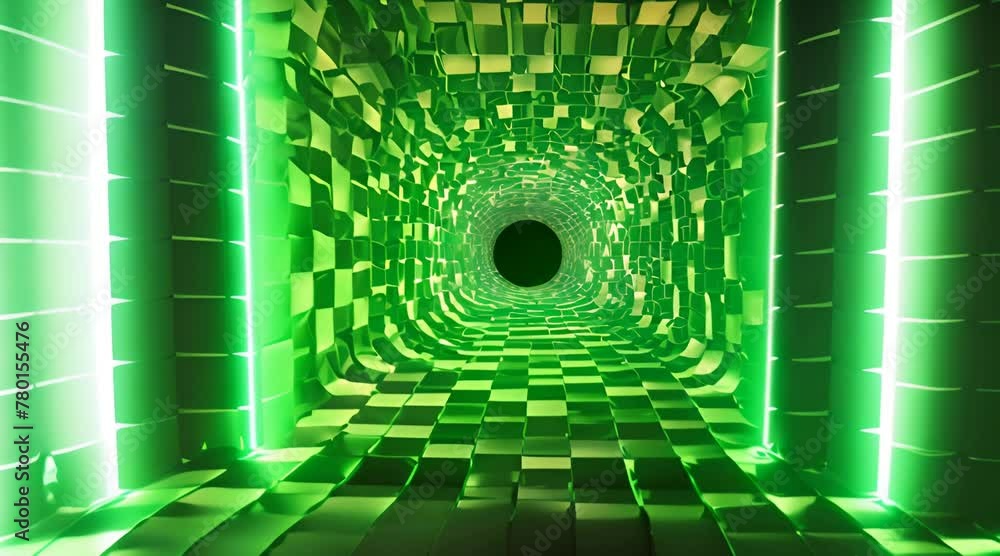 Poster abstract 3d twisted portal square tunnel or wormhole digital background with connected green dots 3d