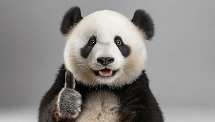 panda thumbs up in the studio on a light gray, with Generative AI