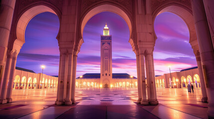 The Hassan II Mosque at Sunset in Casablanca, Morocco - obrazy, fototapety, plakaty