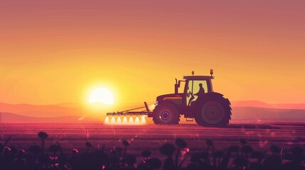 Obraz premium Irrigation tractor driving, spraying or harvesting agricultural crops at sunset with information infographic as banner design for agriculture industry.