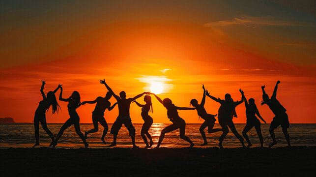 This image captures a group of people silhouetted against a vibrant sunset at the beach. They are in various poses of dance and celebration, with their arms raised, seemingly in mid-motion, which conv