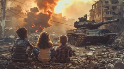 Children sitting in front of city burning conflict, invasion, war, military tanks and smoke of world political war with children - obrazy, fototapety, plakaty