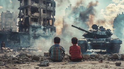 Children sitting in front of city burning conflict, invasion, war, military tanks and smoke of world political war with children