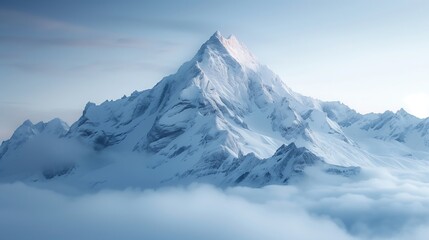 Snow covered mountains in winter, Majestic mountain peak shrouded in morning fog - obrazy, fototapety, plakaty
