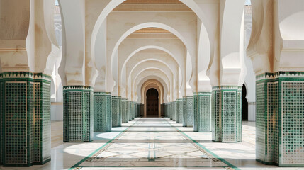 Exploring the Arcade of Hassan II Mosque - obrazy, fototapety, plakaty