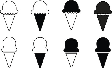 Ice cream black silhouette icons set on white. Balls in waffle cone, soft serve sundae in glass, popsicle on stick. Vector and png elements for minimal summer design, sweet snack illustration or logo