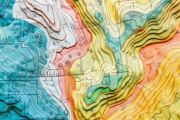 Colorful topographic map texture with contour lines, trails and grid - Cartography and geographic relief illustration for hiking or navigation concept - obrazy, fototapety, plakaty