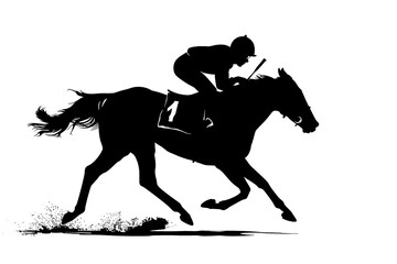 A black silhouette of a horse with a jockey.