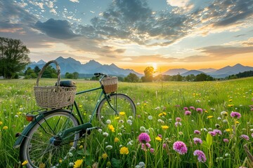 Colorful wildflowers in a green meadow with a bicycle and wicker basket - Beautiful spring landscape with mountains in the background at sunset - obrazy, fototapety, plakaty
