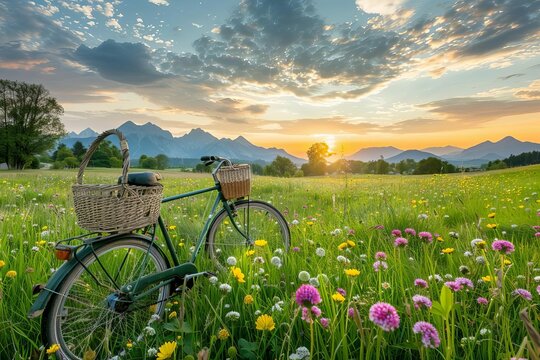 Colorful wildflowers in a green meadow with a bicycle and wicker basket - Beautiful spring landscape with mountains in the background at sunset