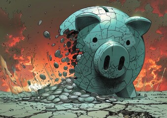 A comic book style illustration of a cracked piggy bank with a serious expression, shedding coins amidst a chaotic, explosive backdrop, depicting financial destruction with a touch of dramacomic, book