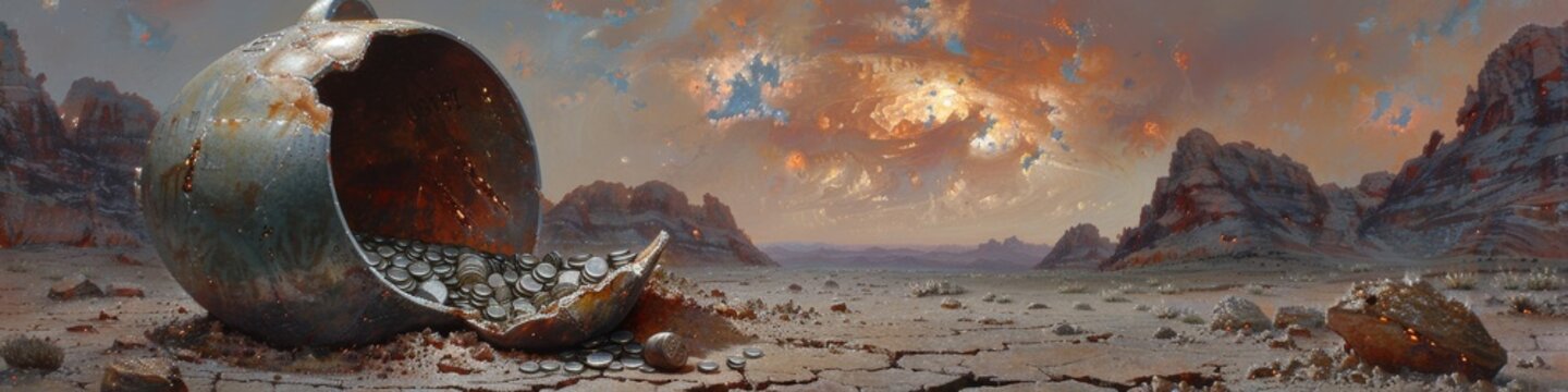 A broken telescope lies abandoned on an alien desert landscape under a fiery sky, symbolizing lost exploration and forgotten dreams