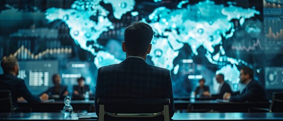 A business leader hosting an international virtual meeting, representing global connectivity, with a backdrop of world clocks and maps - obrazy, fototapety, plakaty