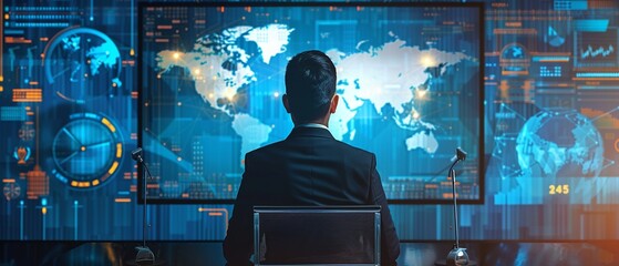 A business leader hosting an international virtual meeting, representing global connectivity, with a backdrop of world clocks and maps