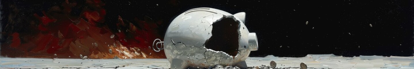 Wide panoramic view of a white piggy bank with visible crack, floating in space against a starry sky, signifying financial uncertainty and the vast unknown of economic futures