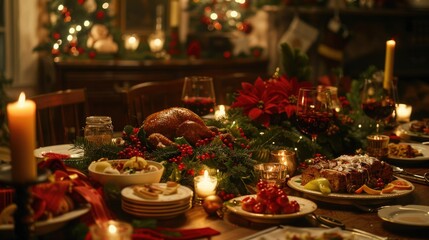 Festive Holiday Dinner Table with Roasted Turkey and Decorations