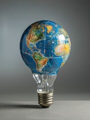 Global Innovation Concept - Earth as a Light Bulb on Grey Background