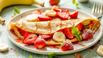 Sweet strawberry crepe with banana, clean front photo with only the main element, studio flat green background, food photography.