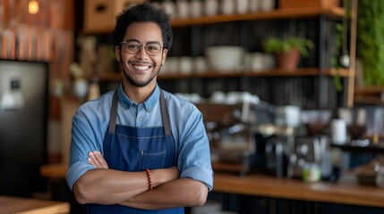 a smiling young mixed race male cafe owner standing with arms crossed at the counter in a coffee shop, looking happy and confident, wearing a blue apron. small business concept. generative AI - Powered by Adobe