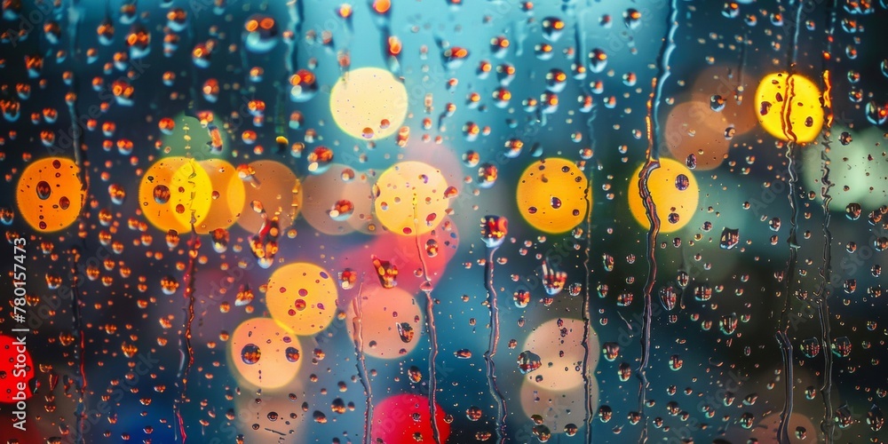 Poster rain drops collected on a window surface as colorful lights illuminate the background
