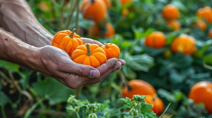 A person holds a bunch of ripe orange pumpkins in their hands, preparing for autumn festivities - Powered by Adobe