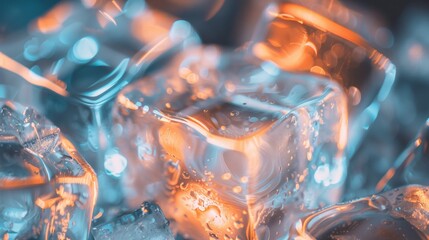 Close-up view of a pile of ice cubes melting on top of a wooden table