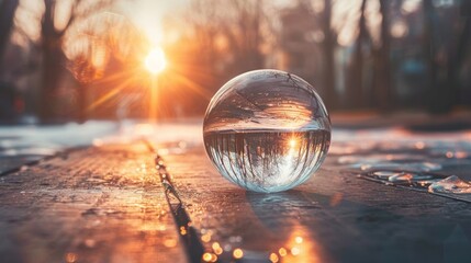 A glass ball is placed on top of a sidewalk, reflecting its surroundings - obrazy, fototapety, plakaty