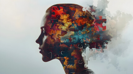 Head silhouette with colorful puzzle pieces representing mental health and depression concept. - obrazy, fototapety, plakaty