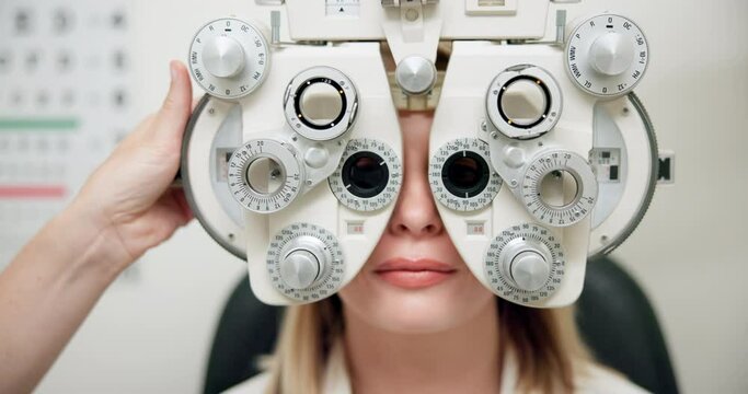 Woman, phoropter and eye exam with optometrist for vision with refraction consultation or prescription glasses. Patient, optical tool and ophthalmology for retina strength, lens check and eyesight