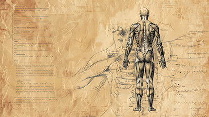 Anatomy treatise, featuring a drawing of a human figure from the back, showing the muscles and bones of the full body on an old, textured, yellowed paper. Sketches for the background of academic study