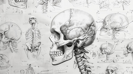 Pencil anatomical drawings of human skulls, skulls with notes and sketches on white paper. Wallpaper for a criminology, medicine, traumatology, art, or physiotherapy student.