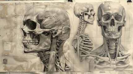 Realistic pencil drawings of the skeleton and human skull, on old textured paper. Anatomical study of the body for the background of a wallpaper with sketches