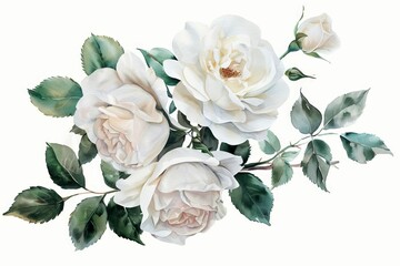 Delicate white cream roses and green leaves watercolor composition, hand-painted floral illustration isolated on white