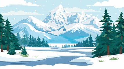 Serene Winter Landscape with Snow-Covered Mountains and Pine Trees