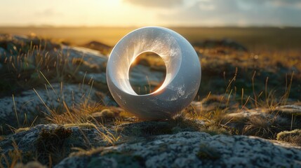 Crystal ball on grassy terrain with sunlight casting warm hues during golden hour, creating a serene and mystical atmosphere. - obrazy, fototapety, plakaty