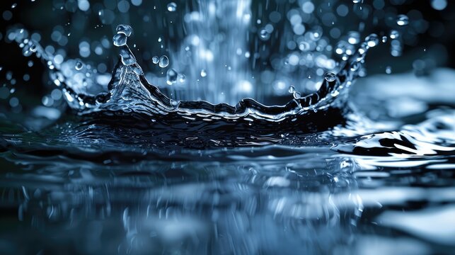 Dynamic close-up of water splash with droplets on dark blue background, capturing the beauty of fluid motion.
