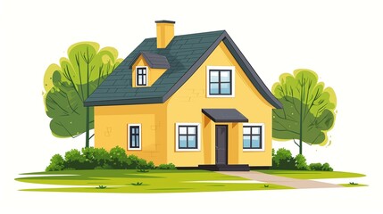 Fototapeta premium Charming Family Home Illustration with Lush Greenery and Blue Sky