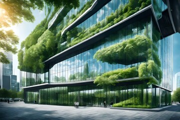  Immerse yourself in the architectural elegance of a sustainable glass office building set against the backdrop of a modern city skyline. Trees integrated into the building's design serve as natural a - obrazy, fototapety, plakaty