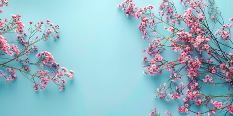 Delicate pink flowers against a soft blue background, creating a serene and minimalist floral composition perfect for spring-themed designs and backgrounds.