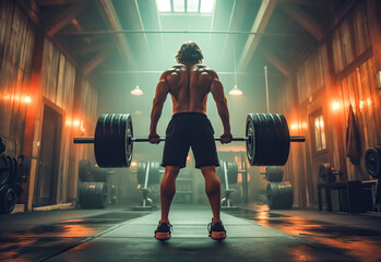 A portrait of man with barbell in the gym for fitness. Strong muscle, Bodybuilder and Male athlete weightlifting. Generative AI.