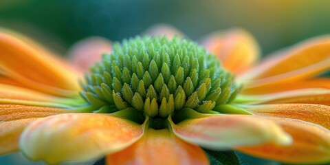 Close-up of a vibrant orange and green flower with a blurred background, highlighting the intricate patterns of the petals and the flower's center.