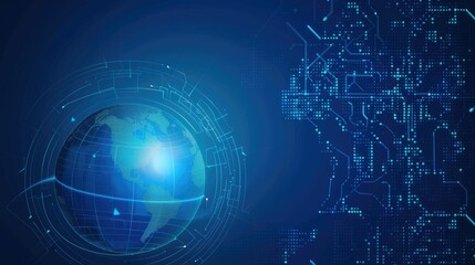 Obraz premium Digital globe with binary code and circuit lines on a blue background, symbolizing global communication, technology, and data connectivity.