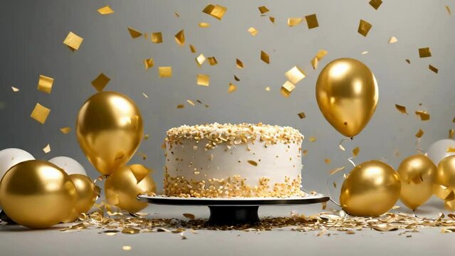 birthday cake with candles and balloons