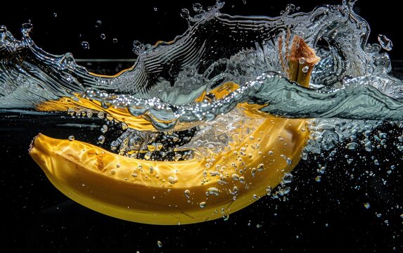 Dynamic image of a banana and kiwi slice splashing into water, creating ripples and water droplets suspended in air, against a dark background.