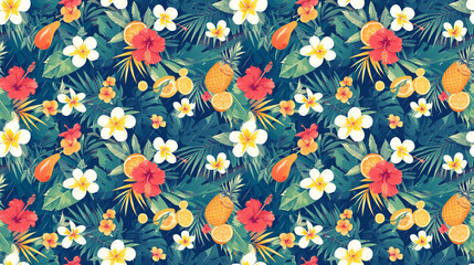 Jungle fruits and flowers after a tropical rain, seamless,