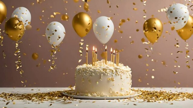 birthday cake with candles and balloons