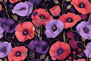 Seamless pattern with vibrant colorful  poppie floral . wildflower pattern for nursery decoration. .
