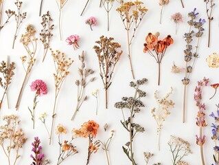 Dried flowers arranged in a minimalist pattern, suitable for a mysterious fantasy book cover, against a clean white background,  - obrazy, fototapety, plakaty