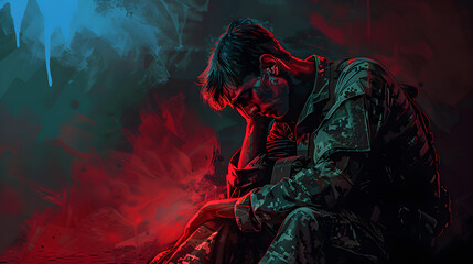 Illustration of a stressed and traumatized soldier for PTSD awareness month