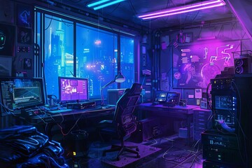 Futuristic Cyberpunk Room in Dystopian New York, Neon-Lit Digital Illustration - obrazy, fototapety, plakaty